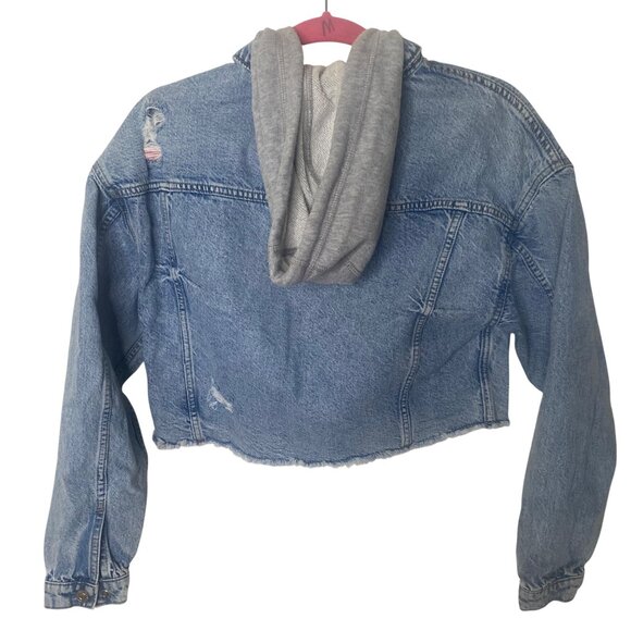 American Eagle Hoodie Crop Denim Jacket Womens XS Blue Distressed Layering - Picture 3 of 9